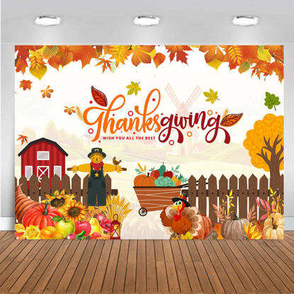 Picture of CHAIYA 7x5ft Fall Cartoon Background Thanksgiving Harvest Party Backdrop Wood Fence Scarecrow Pumpkin Car Turkey Decoration Background Autumn Give Thanks Birthday Banner CY-234