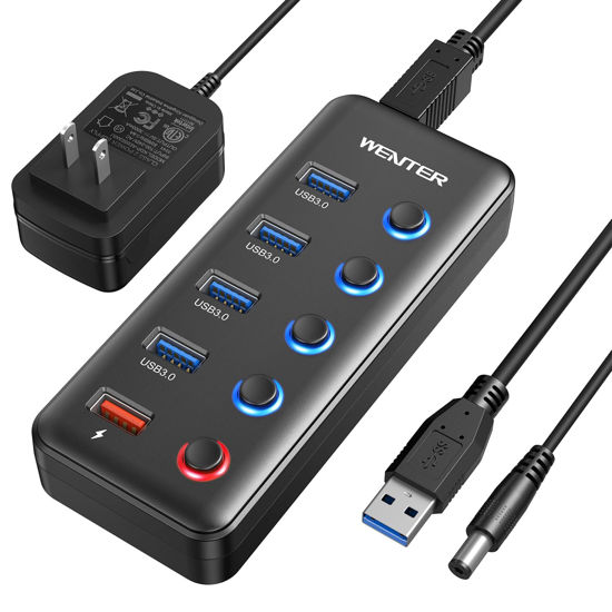 Picture of Powered USB Hub 3.0, Wenter 5 Ports USB 3.0 Hub (4 Data Transfer Ports+ 1 Smart Charging Port) with Individual LED On/Off Switches, USB Hub 3.0 Powered with 15W Power Supply for PC, MAC