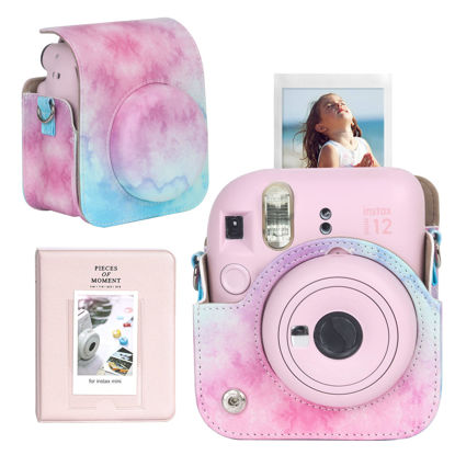 Picture of CAIYOULE Protective Camera Case for Instax Mini 12 Instant Camera Fuji Mini 12 Case PU Leather Carrying Bag with Adjustable Shoulder Strap & 64 Pockets Photo Album - Blue Pink Watercolor