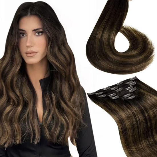 Picture of LAAVOO Clip in Hair Extensions Ombre 24inch 140 Grams Human Hair Clip in Extensions Dark Brown Fading to Light Brown Balayage Clip in Remy Human Hair Extensions Long Straight Hair 7pieces