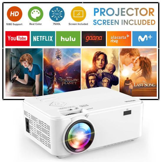 Picture of BIGASUO Outdoor Movie Projector with Screen - 7500L 1080P HD 200'' Supported Home Theater Projector, BIGASUO Mini Video Projector for iPhone, Phone, Laptop, PC, DVD, PS4, HDMI,USB Devices (White)