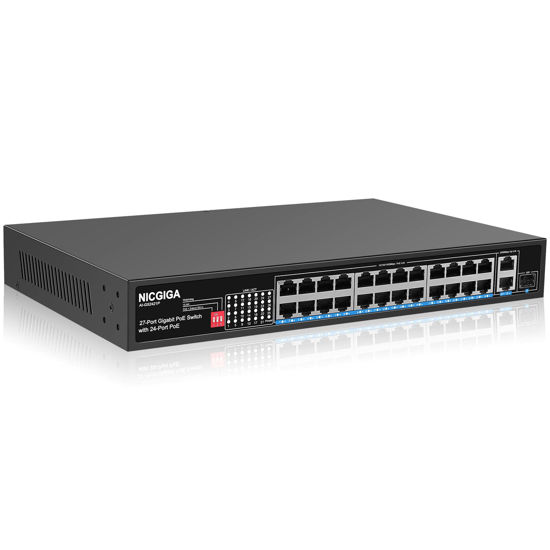 Picture of NICGIGA 24 Port Gigabit PoE Switch with 24 Port PoE+@300W, 2 Gigabit Uplink Port, 1 SFP, Sturdy Metal for Desktop/Rack Mount, AI Watchdog, VLAN Mode, Plug and Play, Unmanaged Power Over Ethernet