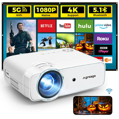 Picture of Projector with WiFi and Bluetooth, 5G WiFi Native 1080P 10000L 4K Supported Movie Projector for Home Theater, Agreago Outdoor Projector with Screen, Compatible with TV Stick/iOS/Android/Win/HDMI/USB