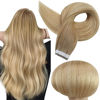 Picture of Full Shine Blonde Tape in Hair Extensions Human Hair 12 Inch Double Sided Tape in Extensions Balayage Color 6 Chestnut Brown Fading to 27 Honey Blonde And 60 Platinum Blonde 30 Gram 20pcs Pu Tape Hair