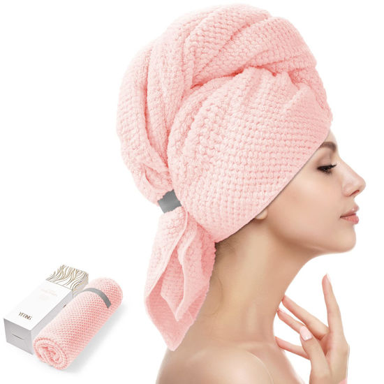 Picture of YFONG Large Microfiber Hair Towel Wrap for Women, Soft Hair Drying Towel with Elastic Band, Fast Drying Hair Turbans for Wet Curly Long Hair, Microfiber Towel for Hair Anti Frizz 26.3" X 40" (Pink)