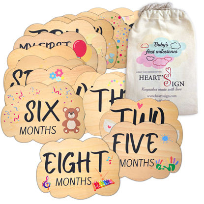 Picture of Heart's Sign Monthly Baby Milestone Cards - Hello World Newborn Sign | 14 Designs - Cloud-Shaped Baby Monthly Milestones | Wooden Monthly Milestone Discs | Newborn Gift Set (Monthly Set)