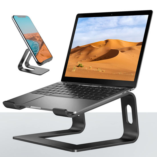 Picture of VECOFO Laptop Stand for Desk Aluminum Laptop Riser Holder for All laptops 10-17 Inches,Include A Cell Phone Stand(Black)