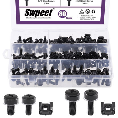 Picture of Swpeet 80Packs 4 Sizes M5 M6 Black Computer Mount Cage Nuts and Screws with Metal & Plastic Washers Assortment Kit, Square Hole Hardware Cage Nuts & Mounting Screws Washers