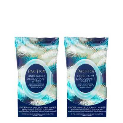 Picture of Pacifica Beauty, Coconut Milk & Essential Oils Underarm Deodorant Wipes, 30 Count (Pack of 2), Remove Odor On-The-Go, Aluminum Free, Travel Friendly, Fresh Coconut Scent, 100% Vegan and Cruelty Free