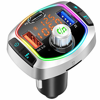 Picture of Bluetooth 5.0 FM Transmitter for Car, QC3.0+Type-C PD Fast Charge Wireless Car Radio Adapter, Hands-Free Call Kit, Battery Voltage Monitor, LED Backlit, Siri Google Assistant, Support U Disk/TF Card