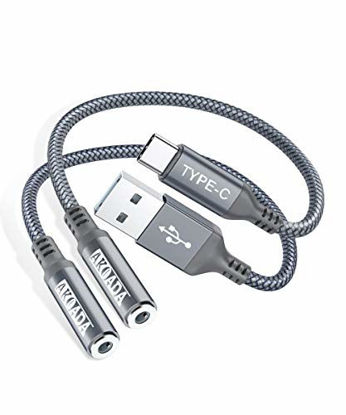 Picture of AkoaDa USB A to 3.5 Audio Jack Adapter (18cm) and USB-C to 3.5mm Headphone Jack Adapter for Samsung Galaxy S20 Ultra Note 10 S10 S9 Plus iPad Pro 2019 Headset Laptop PS4 and More Device 2 Pack (Grey)