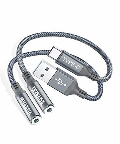 Picture of AkoaDa USB A to 3.5 Audio Jack Adapter (18cm) and USB-C to 3.5mm Headphone Jack Adapter for Samsung Galaxy S20 Ultra Note 10 S10 S9 Plus iPad Pro 2019 Headset Laptop PS4 and More Device 2 Pack (Grey)