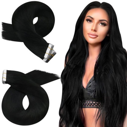 Picture of Moresoo Black Tape in Hair Extensions Human Hair Real Hair Extensions Glue in Jet Black Hair Extensions Real Human Hair Tape in Seamless Hair Extensions 10 Inch #1 20pcs 30g