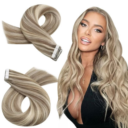 Picture of Moresoo Tape in Hair Extensions Human Hair Extensions 12 Inch Glue on Hair for Short Hair #9A Brown Highlighted with #60 Platinum Blonde Tape in Skin Weft Remy Hair Extensions 30g 20pcs