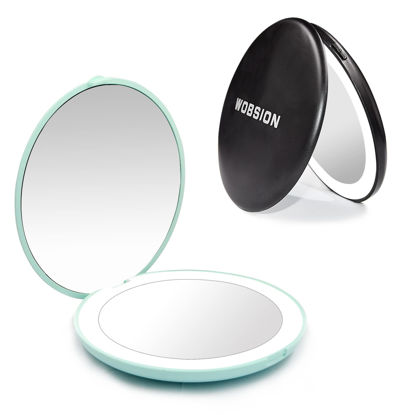 Picture of wobsion 1x/10x Magnification Compact Mirror for Purses,Compact Mirror with Light,Handheld 2-Sided Mirror,Travel Makeup Mirror,3.5in Led Compact Mirror,Small Pocket Mirror for Handbag,Cyan&Black,2 Pack