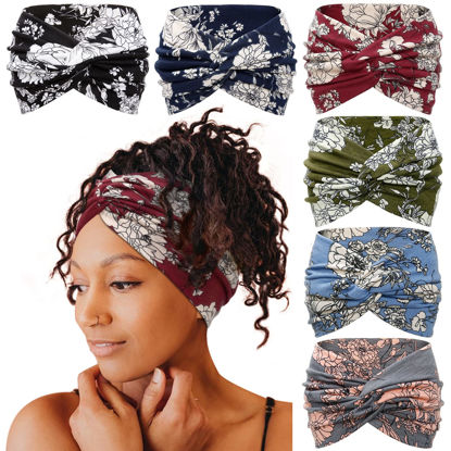 Picture of Tobeffect Wide Headbands for Women, 7'' Floral Printed Turban Headband Boho Hairband Twist Hair Accessories, 6 pack