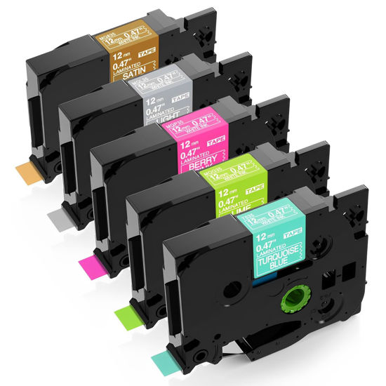 Picture of 5-Pack P Touch Label Tape Multi-Color Compatible Brother Label Maker Refills TZe TZ Tape 12mm 0.47 Laminated Tape, for PT-D220 PT-D210 PT-H110 PT-D410 Label Maker, White on Green/Pink/Grey/Gold/Blue