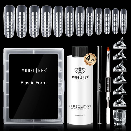 Picture of Modelones Slip Solution Kit for Poly Nail Gel, 4oz Anti-Stick Gel Solution Liquid Poly Extension Gel All in One Kit with 120pcs Dual Nail Forms Nail Brush Nail Tips Clips Crystal Cup Nail Extension Manicure Tool Nail Art Salon DIY at Home