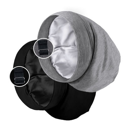 Picture of Satin Lined Sleep Cap Bonnet for Curly Hair and Braids, Stay On All Night Hair Wrap with Adjustable Strap for Women and Men, Black and Grey, Pack of 2