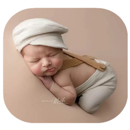 Picture of Coberllus Newborn Monthly Baby Photo Props Stripe Checked Fabric Flat Cap Newsboy Cap & Suspender Pants Romper for Photography Outfits (Light Beige)