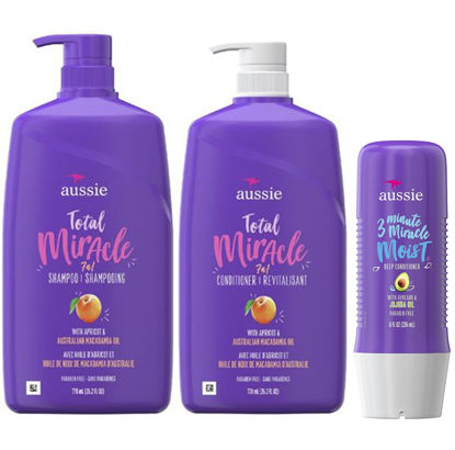 Picture of Aussie Total Miracle Shampoo, Conditioner and 3 Minute Miracle Deep Conditioner Hair Treatment Bundle, Infused with Apricot and Australian Macadamia Oil, Paraben Free