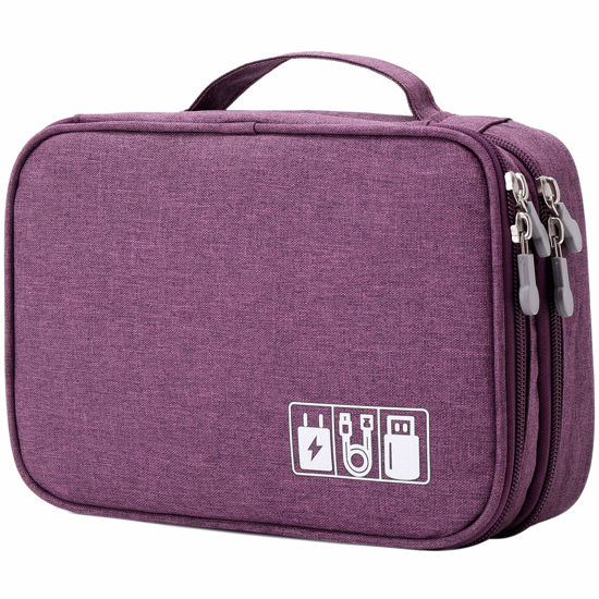 Picture of Travel Cable Organizer Bag, Electronic Accessories Case Portable Double Layer Cable Storage Bag for Cord,Phone,Charger, Flash Drive, Phone, SD Card,Personal Items - (Purple)