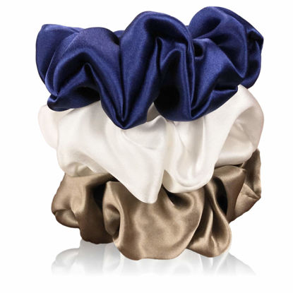 Picture of Celestial Silk Mulberry Silk Scrunchies for Hair (Large, Dark Taupe, Navy, Ivory)