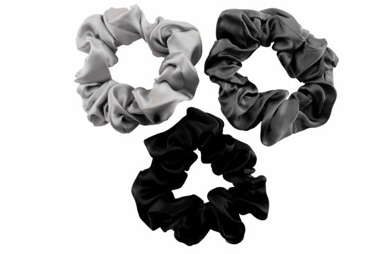 Picture of CELESTIAL SILK Mulberry Silk Scrunchies for Hair (Large, Silver, Charcoal, Black)