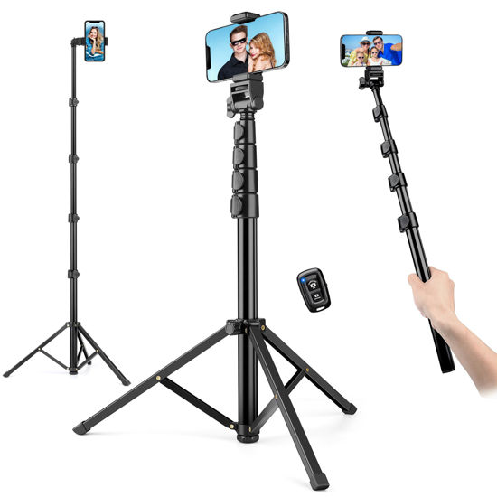 Picture of Phone Tripod, 70" Phone Tripod Stand with Cold Shoe Phone Holder, Selfie Stick Tripod with Remote, Tall Cell Phone Tripod Compatible with iPhone 14 Pro Max 13 Android GoPro