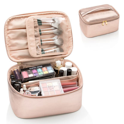 Picture of OCHEAL Rose Gold Makeup Bag,Travel Makeup Organizer Bag, Large Capacity Cosmetic Bags For Women Large Travel Toiletry Bag Girls Traveling With Brush Slot And Divider