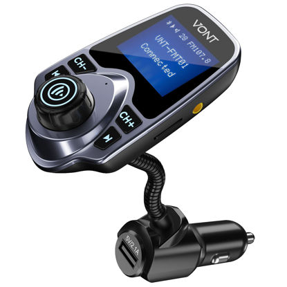 Picture of Bluetooth FM Transmitter for Car [2023 Upgraded] Bluetooth Car Adapter Kit, Huge 1.44-inch Display, SD/TF Card Support, AUX Input, Compatible w/All Smartphones, iPods, FM Transmitter Bluetooth