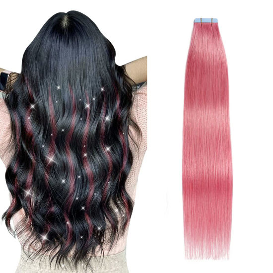 Picture of SUYYA Tape in Hair Extensions Human Hair Hot Pink Tape in Hair Extensions 12 Inch 10PCS/Pack Straight Tape in Extensions 20g