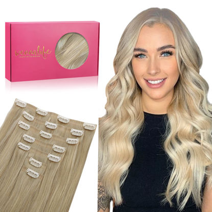 Picture of WENNALIFE Seamless Clip In Hair Extensions, 20 Inch 150g 7pcs Ash Blonde to Golden Blonde and Platinum Blonde Hair Extensions Clip in Human Hair Invisible PU Skin Weft Natural Remy Human Hair Extensions