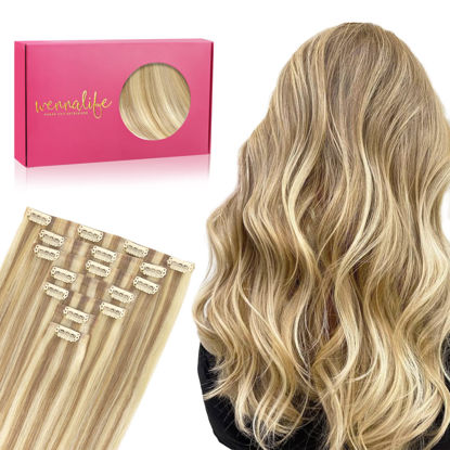 Picture of WENNALIFE Seamless Clip In Hair Extensions Human Hair, 20 Inch 150g 7pcs Light Blonde Highlighted Golden Blonde Real Hair Extensions Clip in Human Hair Invisible PU Skin Weft Natural Remy Human Hair Extensions