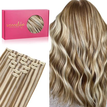 Picture of WENNALIFE Seamless Clip In Hair Extensions Human Hair, 22 Inch 150g 7pcs Ash Brown Highlighted Golden Blonde Real Hair Extensions Clip in Human Hair Invisible PU Skin Weft Natural Remy Human Hair Extensions