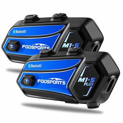 Picture of FODSPORTS M1-S Plus Motorcycle Bluetooth Headset with Music Sharing, One-Click Pairing, Microphone Mute, FM, Helmet Intercom up to 8 Riders with Noise Cancellation, Wonderful Sound, Blue, 2 Pack