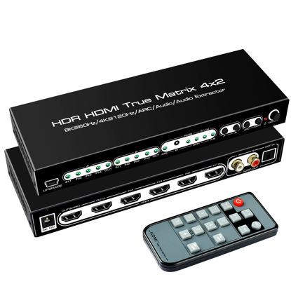 Picture of FERRISA 8K 4X2 HDMI Matrix 4 in 2 Out HDMI 2.1 Matrix HDMI Video Switcher Splitter +Optical & L/R Audio Output,Support 4K 120Hz,HDR10 HDCP2.3 Dolby Vision Atmos SPDIF 5.1CH ARC CEC with IR Remote