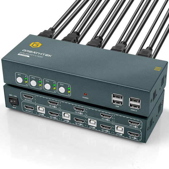 Picture of KVM Switch HDMI Dual Monitor Extended Display 4 Port, 2 USB 2.0 Hub, UHD 4K@60Hz YUV4:4:4 Downward Compatible, Hotkey Switch, with All Needed Cables, No Adapter Required