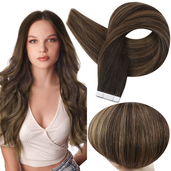 Picture of Full Shine Tape in Human Hair Extensions Balayage Tape in Hair 2/8/2 Dark Brown to Ash Brown Balayage Real Remy Human Hair Extensions Tape in Natural Hair 20pcs 30 Gram Double Sided Tape Hair 12 Inch