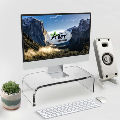 Picture of AMT Acrylic Clear Laptop Monitor Stand, Pure Acrylic Clear Computer Riser, Cat Keyboard Protector, Space Saving Display Extra Storage Holder Clear Shelf Laptop Stand Acrylic Monitor Riser Computer Monitor Laptop Printer Aesthetic Desktop Decor