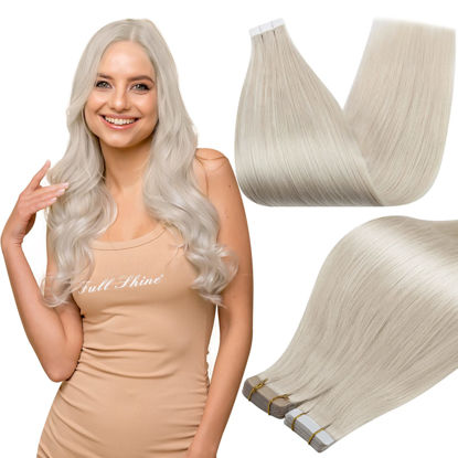 Picture of Full Shine Tape in Real Hair Extensions Seamless Hair Extensions Color 1000 Blonde Glue on Straight Remy Human Hair 30 Gram 10 Inch Blonde PU Tape Human Hair for Women 20Pcs