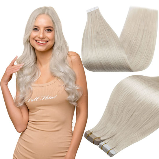 Picture of Full Shine Tape in Real Hair Extensions Seamless Hair Extensions Color 1000 Blonde Glue on Straight Remy Human Hair 30 Gram 10 Inch Blonde PU Tape Human Hair for Women 20Pcs