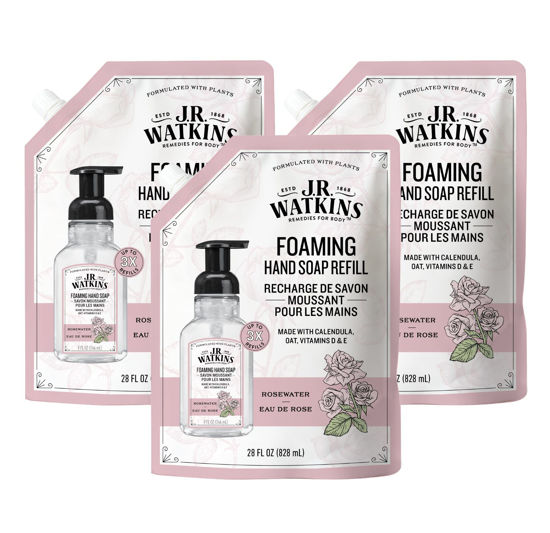 Picture of J.R. Watkins Foaming Hand Soap Refills, All Natural, Alcohol-Free Hand Wash, Cruelty-Free, USA Made, Moisturizing Hand Soap Refill for Bathroom or Kitchen, Rosewater, 28 fl oz Foam Soap Refill, 3 Pack