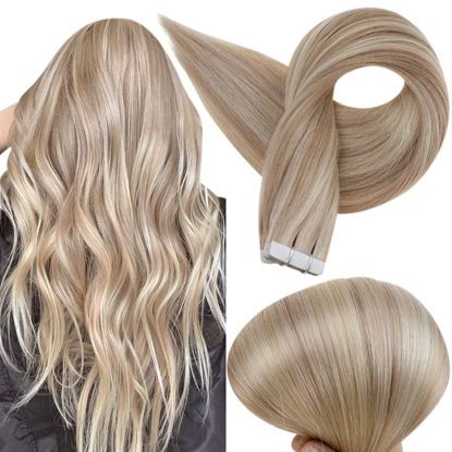 Picture of Full Shine Tape in Hair Extensions 12 Inch Remi Tape Hair Extensions 20pcs 30g Highlight Color 18 Ash Blonde And 613 Blonde Extensions for White Women Glue on Hair for Short Hair