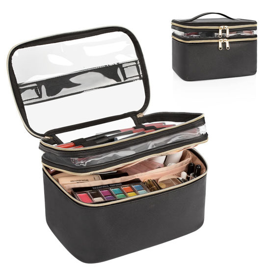 Picture of Makeup Bag, Double layer Cosmetic Cases Travel Makeup Organizer Toiletry Bags Large Make Up Bag For Women Girls with Adjustable Dividers and Brush Organize area (BLACK CLEAR)