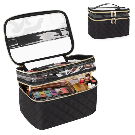 Picture of OCHEAL Makeup Bag, Double layer Cosmetic Cases Travel Makeup Organizer Toiletry Bags Large Make Up Bag For Women Girls with Adjustable Dividers and Brush Organize Area -Black Rhombus