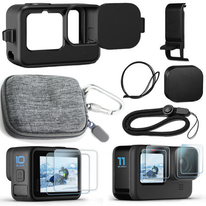 Picture of OKFUN Accessories Kit for Go Pro Hero 11 10 9 Black, Carrying Case + Silicone Case with Rubber Lens Cover + Screen Protector + Battery Side Cover + Lens Cover Cap + Lanyard for Go Pro Hero11/10/9