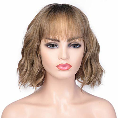 Picture of ENTRANCED STYLES Short Wavy Bob Wigs with Bangs for Women Ash Brown Ombre Synthetic Wig with Black Roots Shoulder Length Synthetic Wigs 