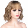 Picture of ENTRANCED STYLES Short Wavy Bob Wigs with Bangs for Women Ash Brown Ombre Synthetic Wig with Black Roots Shoulder Length Synthetic Wigs 