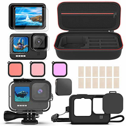 Picture of 28 in 1 Accessories Kit for GoPro Hero 10/9, Shockproof Small Carry Bag, GoPro Hero 10/9 60M Waterproof Housing Case, Tempered Glass Screen Protector, Silicone Cover, Snorkel Filter Bundle